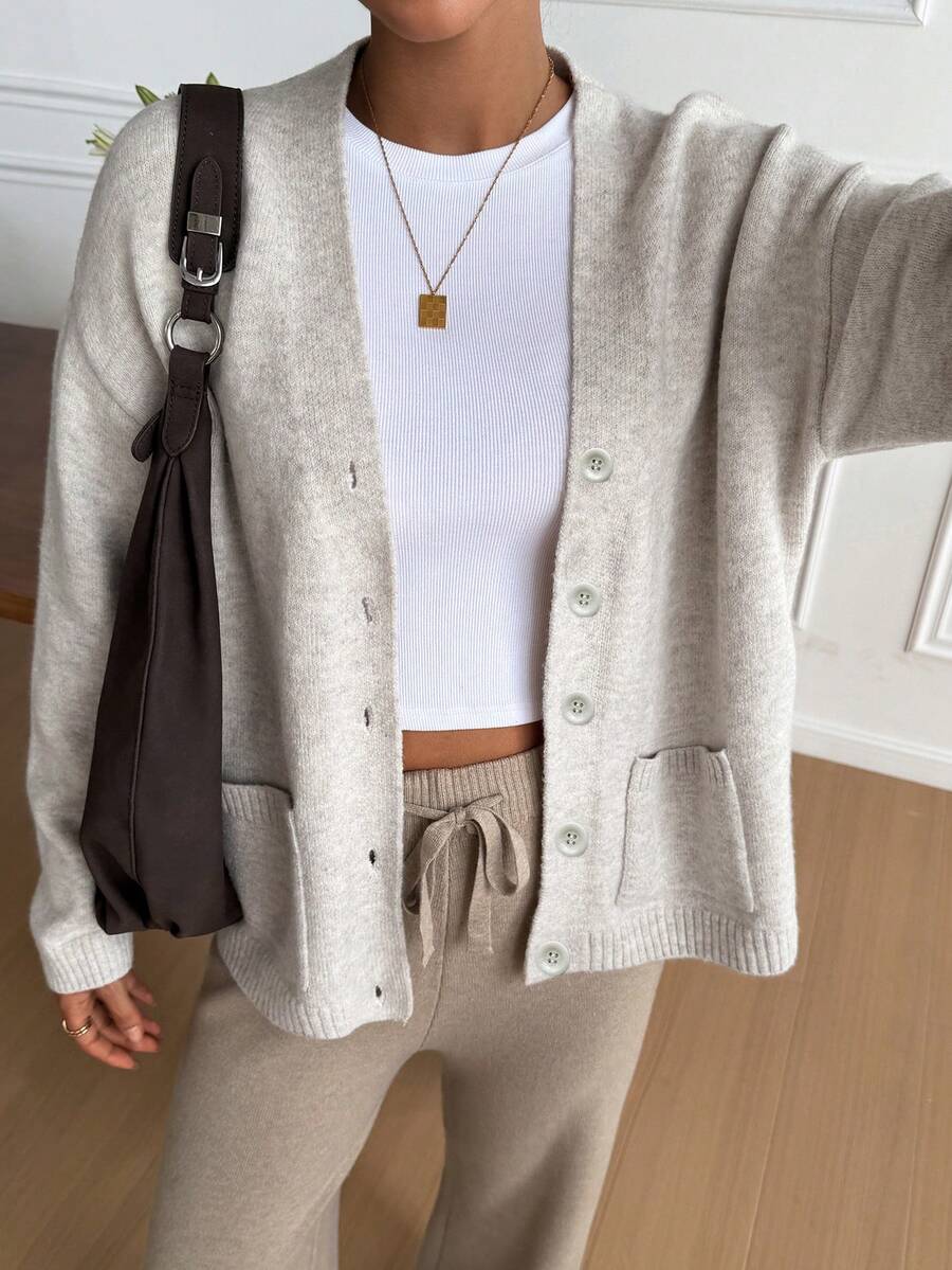 Livesso Áo khoác cardigan dài tay tối giản màu trơn có túi dành cho nữ, thích hợp mặc hàng ngày vào mùa thu - Màu be - Xem 1