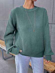 EURMUSE Casual Solid Color Drop Shoulder Sweater, Autumn/Winter - Mint Green - View 4