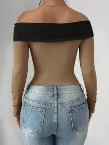 Elenzga Body elegante con bloque de color, hombros descubiertos y decoración de lazo - Caqui - Ver 2