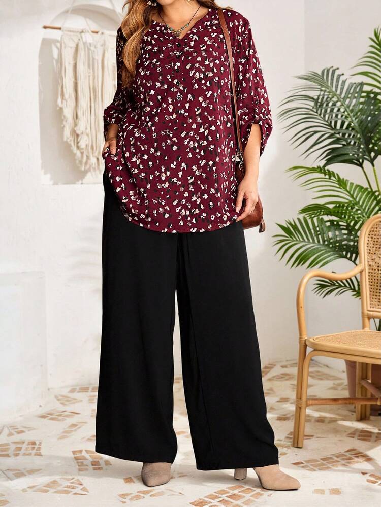2pcs Plus Size Women Winter Country Elegant Casual Wine Red Leopard Print    Blouse Shirt Top And Black Pants Set With Pockets, Autumn/Winter ,Blouse And Pants Set,Going Out Outfits,2025 New Clothes,Simple And Fashionable For Everyday Wear, Plus Size Winter Clothes, Modest Two Piece Set,  Modest Sets For Women, Wide Leg Pants Set,Christmas Outfit For Women ,New Year Clothes, Thanksgiving Outfit For Women,Thanksgiving Outfit For Women