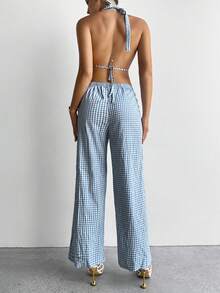Aloruh Bộ 2 món áo ba lỗ kẻ caro xanh kẻ caro thắt nơ + quần dài maxi kẻ caro cạp thấp phong cách trẻ trung, năng động dành cho nữ - Màu xanh nhạt - Xem 8