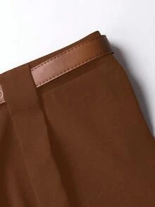 SHEIN PETITE 娇小女性通勤简约百搭可折叠裤 - 棕色 - 查看 4