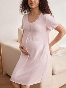 Moonlight&Mama 舒适波浪荷叶边黑色弹力简约翻领长款连衣裙，舒适秋季时尚孕妇睡裙 - 黑色 - 查看 2