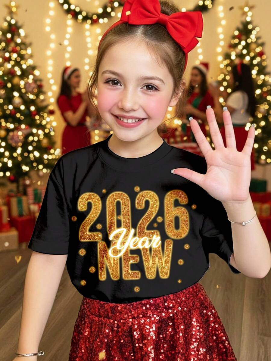 SHEIN Leap Crew 少女新年快乐,可爱卡通新年圣诞彩灯图案,适合跨界派对、聚会、家庭聚会、亲子装、休闲短袖宽松落肩T恤,适合夏季、圣诞节、新年、街头摄影、居家、假期、校园表演等场合。 - 彩色 - 查看 1