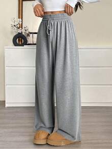 SHEIN EZwear 大码灰色高领扭结休闲宽松运动裤 - 灰色 - 查看 1