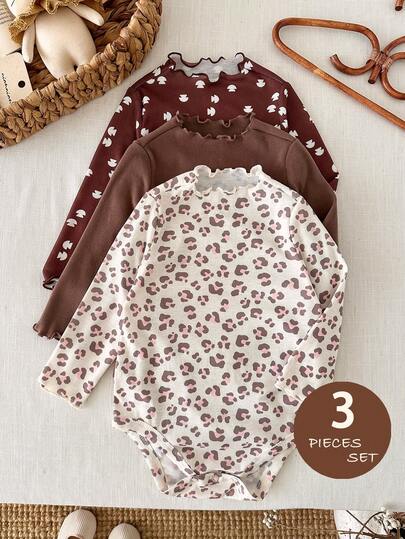 LMoss Kids LMoss 3件套女婴针织纯色荷叶边领休闲连体衣套装，适合日常穿着，豹纹、猎豹纹印花，舒适的秋冬款式，女婴服装，秋季