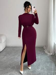 Elenzga Women's Elegant Burgundy Long Sleeve Dress,Autumn Ruffle Shoulder Solid Color With Metal Buckle Belt,For Casual,Commute,Vacation,Dining,Formal Parties - Maroon - View 5