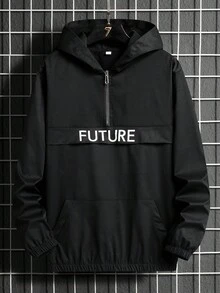 Manfinity Homme Men's Letter Print Long Sleeve Zip-Up Half Placket Casual Hoodie Jacket - Black - View 1