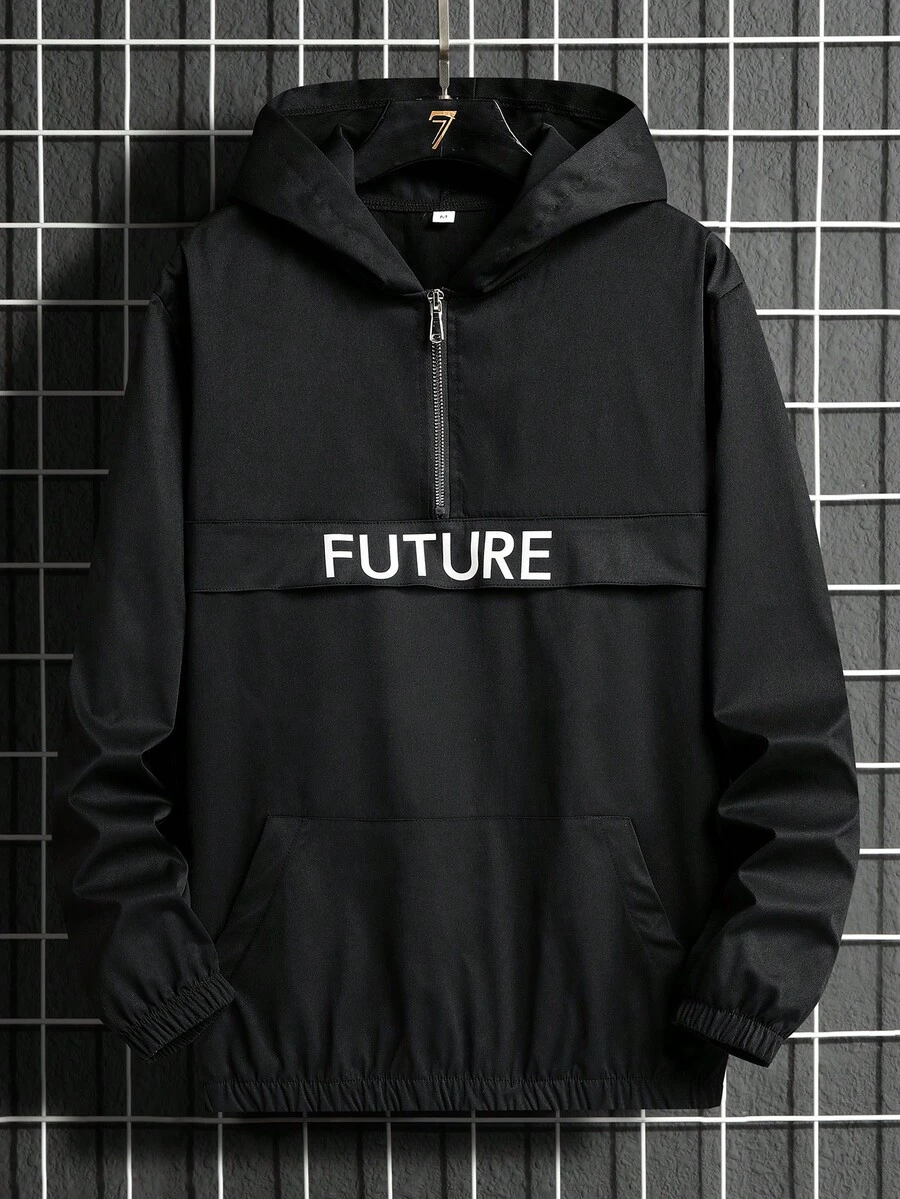 Manfinity Homme Men's Letter Print Long Sleeve Zip-Up Half Placket Casual Hoodie Jacket - Black - View 1
