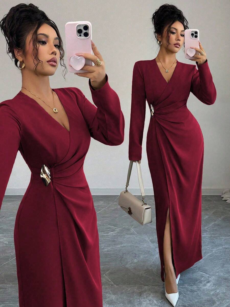 Elenzga Đầm Maxi Thanh Lịch Cổ Chữ V Tay Dài Xếp Ly Thiết Kế Kim Loại Trang Trí Đơn Sắc Cho Nữ - Màu Đỏ Sâu - Xem 1