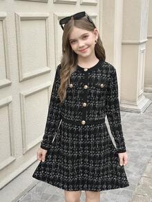 Serisse Kids 2 件青少年女孩休闲通勤时尚优雅黑白格子背带裙搭配撞色金属纽扣装饰夹克，时尚日常穿着，秋冬 - 黑與白 - 查看 3