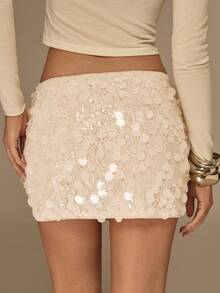 Glamine 新款女士蓝色针织亮片低腰修身性感魅力派对迷你四季闪亮半身裙，优雅亮片裙，时尚紧身短裙，女士派对裙，鸡尾酒会短裙，夜店裙 - 杏色 - 查看 5