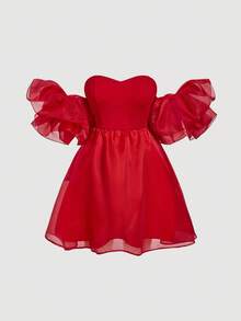 SHEIN MOD 加大码红色优雅短款纯色露肩荷叶边袖，加大码泡泡袖，适合派对、圣诞节、生日、复古宫廷风格、浪漫 - 紅色 - 查看 6