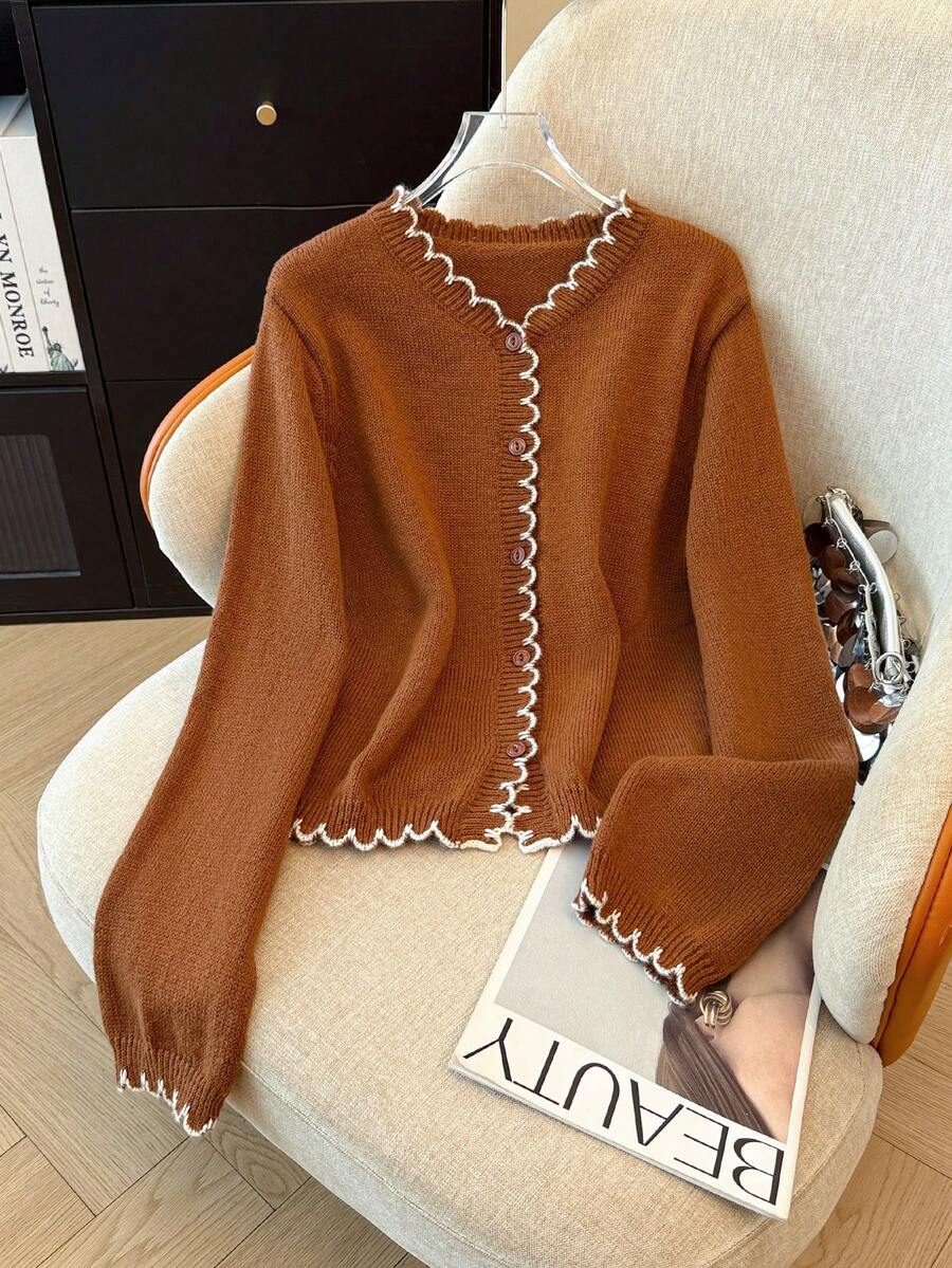 SHEIN Franclia Cárdigan romántico francés con volantes de color contrastante, estilo de transporte - Café integral - Ver 1