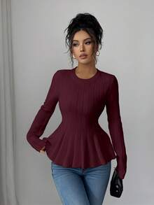 Elenzga Suéter elegante de mujer de cuello redondo ajustado, corte evasé, manga larga, unicolor, otoño - Burdeos - Ver 6