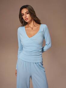 Lazeform Women's Casual Solid Color V-Neck Waist Drawstring Long Sleeve Top & Pants Lounge Set Light Blue, Winter Clothes - Multicolor - View 3