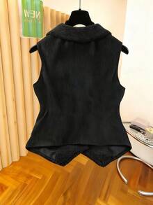 Franclia Áo vest không tay bằng vải nhung kẻ sọc màu đen cao cấp thời trang thu đông mới cho nữ, thiết kế nút, phong cách tối giản cổ điển, phù hợp đi làm, ve áo mỏng đa năng - màu đen - Xem 2