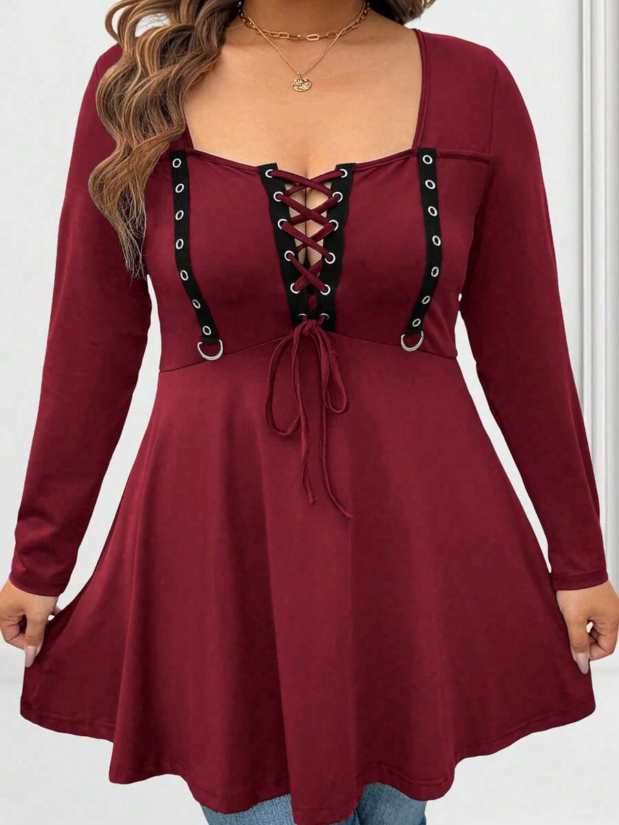 SHEIN Plus Size Fashionable Criss-Cross Long Sleeve T-Shirt, Autumn - Burgundy - View 1