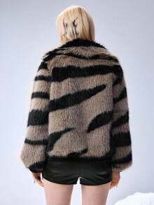ROMWE Grunge Punk Y2K复古性感斑马纹人造毛皮外套，女士毛绒夹克 - 彩色 - 查看 3
