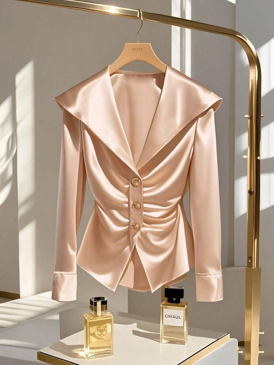 Lyxana Women's Soft Summer Colour Palette Elegant Date Autumn Poplin Lapel Cuff Metal Button Long Sleeve Fitted Open Front Pleated Business Office OL Shirt - Apricot - View 1