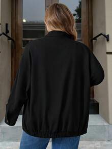 SHEIN CURVE+ Plus Size Women's Black Woven Casual Regular Jacket, Front Zipper And Knight Print Black Jacket Women's Linen Jacket Women's Zipper Jacket Women's/Winter - Black - View 2
