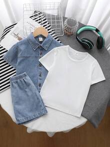 三件套男童复古美式夏季韩版时尚宽松小众牛仔衬衫+纯白短袖T恤+休闲牛仔短裤。适合日常穿着、上学、郊游、户外运动、旅行、春季郊游、夏令营、度假等场合。 - 藍色 - 查看 7