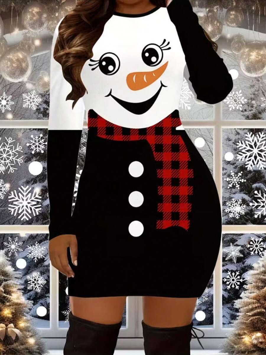 EMERY ROSE 3D Printed Women's Standard Size Christmas Snowman Pattern Holiday Casual Vacation Round Neck Long Sleeve Dress - Multicolor - View 1