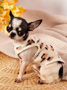 PETSIN 1件棕色豹纹狗头印花宠物背心，假日秋冬加厚法兰绒保暖宠物服装