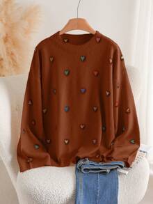 CosyJoli Plus Size Women Casual Fancy Heart & Peach Graphic Long Sleeve Sweater In Fall/Winter/Valentine's Day - Brown - View 1