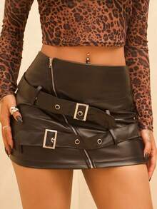 Rayane Ketlyn Y2k 黑色 PU 迷你裙，斜拉链，配腰带 - 黑色 - 查看 3