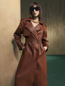 Arave 女式 PU 皮革长款系带不对称翻领设计风衣，适合日常通勤 - 咖啡棕 - 查看 6