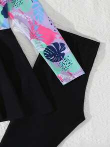 SHEIN Bộ đồ bơi Tankini 2 mảnh cho bé gái tuổi teen, gồm áo croptop hai dây và quần dài, họa tiết hoa giản dị, màu đen và tím, thích hợp cho bơi lội, bãi biển, hồ bơi, chụp ảnh, quà tặng mùa hè. Bộ đồ bơi chống nắng Burkini cho bé gái, đồ bơi kín đáo, đồ bơi dài tay cho bé gái, đồ bơi dài tay cho tuổi teen. - màu đen - Xem 4
