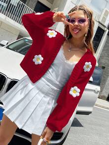 Chiquease Áo len cardigan dệt kim 3D thêu hoa Dopamine ngắn nhiều màu sắc thời trang thường ngày, phù hợp cho mùa xuân, mùa thu và mùa đông - Màu Đỏ Sâu - Xem 5