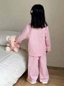SHEIN 两件套少女休闲舒适翻领蕾丝边开衫长袖上衣和直筒格子睡裤套装 - 彩色 - 查看 2