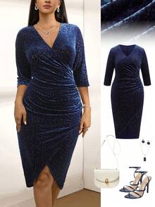 Zelara Plus Size Velvet Leopard Print Midi Dress,Navy Blue,Autumn,Elegant,Formal, Christmas Party Cocktail Dress For Women Sparkly New Year Outfit - Navy Blue - View 10