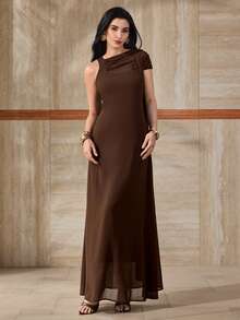 Modelyn 女士优雅派对礼服，饰有飘逸的丝带 - 棕色 - 查看 3