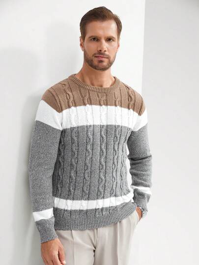 Manfinity Homme Men's Crew Neck Sweater, Long Sleeve Knit Pullover For Casual Wear, Home, Work Commute, Gift For Boyfriend/Family, Autumn/Winter Christmas, For Fall