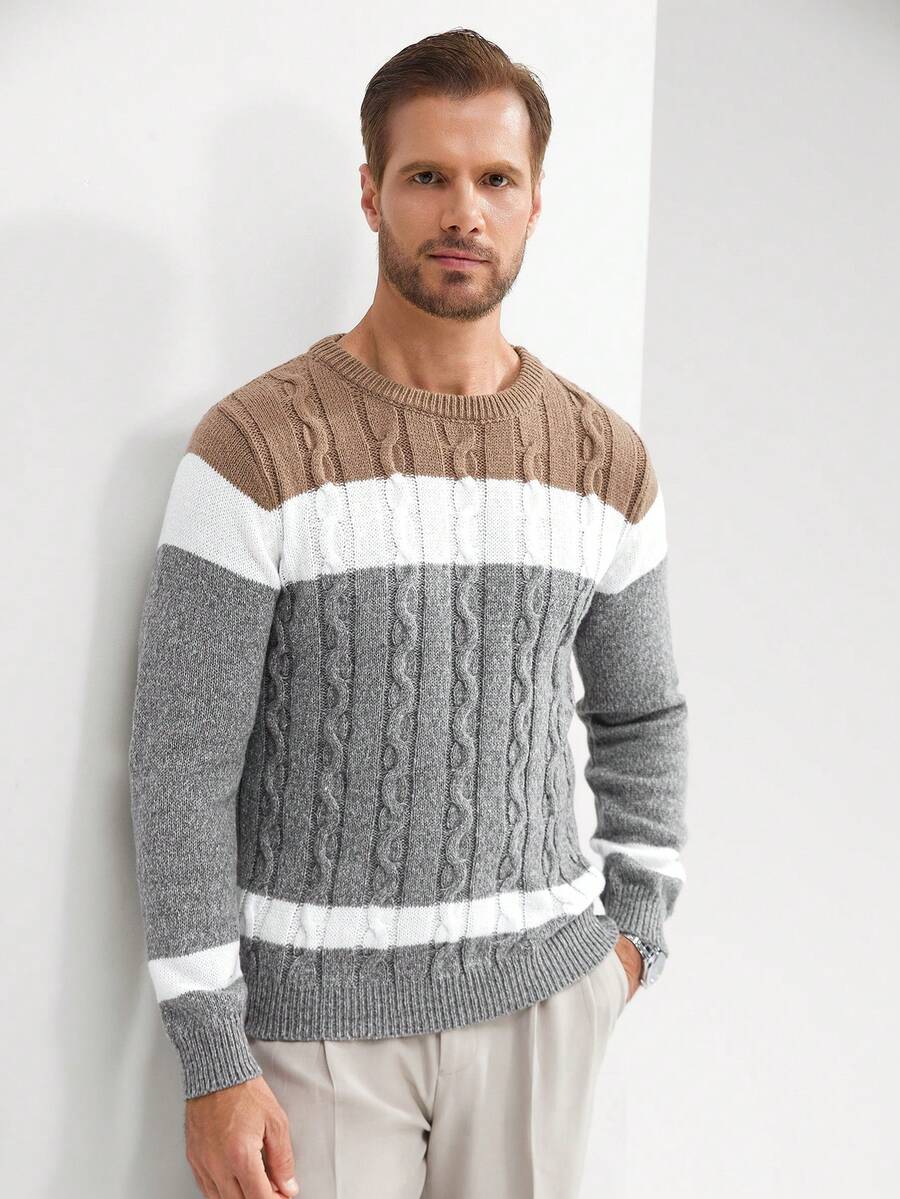 Manfinity Homme Men's Color Blocking Cable Knitted Sweater , Crew Neck Long Sleeve Knit Block Light Grey Going Out Business Casual Husband, Men's Jumper, Grey Sweater, Cable Knit Sweater, Color Block Sweater - Multicolor - View 1