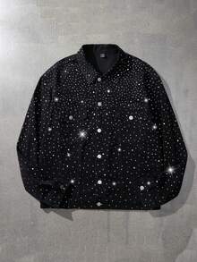 ROMWE MEN Street Life Hip Hop Style Men's Gradient Rhinestone Denim Long Sleeve Jacket - Black - View 4