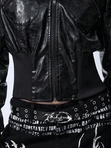 ROMWE EDITION Kpop朋克压纹PU皮革短款修身毛领连帽夹克 - 黑色 - 查看 9