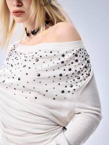 ROMWE EDITION 女款 Kpop Grunge 金属铆钉不对称褶皱修身时尚 T 恤 - 米色 - 查看 8