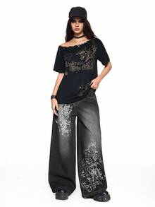 ROMWE Grunge Punk 宽松版型做旧复古超大款十字藤蔓印花女式牛仔裤 - 黑色 - 查看 3