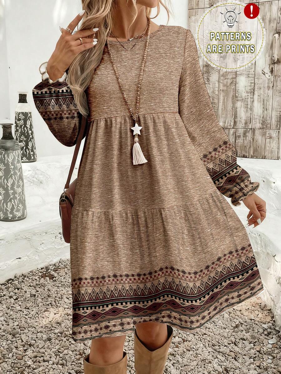 EMERY ROSE 休闲简约碎花图案宽松圆领大码连衣裙，适合秋冬季节穿着。 - 棕色 - 查看 1