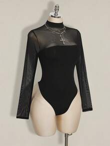 SHEIN ICON Combinaison grande taille en maille noire unie à manches longues, Top transparent avec col montant et manches classiques, combinaison femme style Y2K - Noir - Voir 4