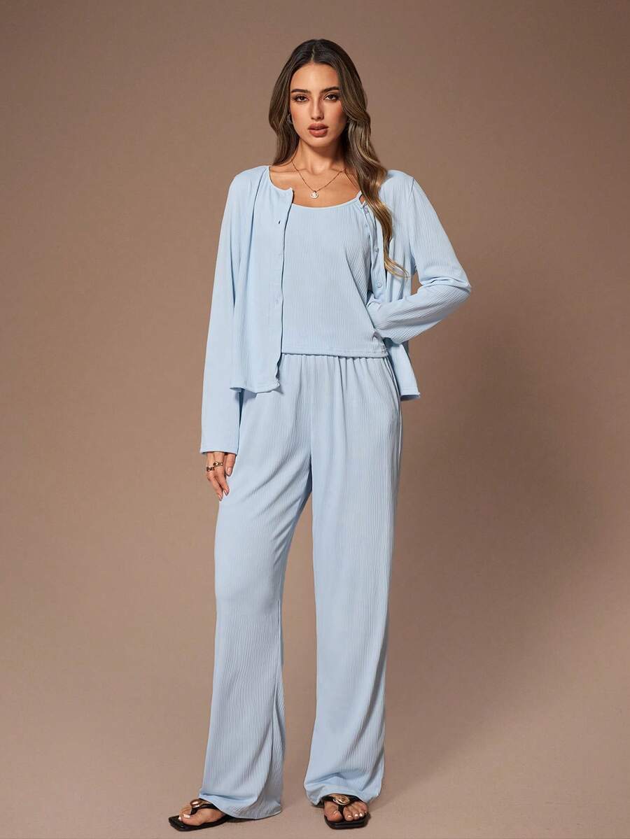 Lazeform 3 Pieces Lounge Set: Lake Blue Knit High Elasticity Crinkle Fabric Women's Camisole Top, Long Sleeve Top, And Pants, Casual, Winter Clothes