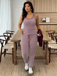 EMERY ROSE Plus Size Solid Color Long Sleeve Jacket And Striped Print Tank Top With Tie Front Pants 2 Pieces Set - Burgundy - View 7