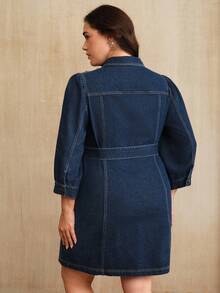 Anewsta Plus Size Women's Elegant, Formal, Party, Chic, Work, Graduation, Wedding, Red Handcrafted Rhinestone Embellished Cinched Waist Casual Denim Dress - Blue - View 7