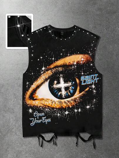 Grunge Punk Punk Style Street Graphic Print Sleeveless Crew Neck Tank Top With Rhinestones And Distressed Details, Men Summer