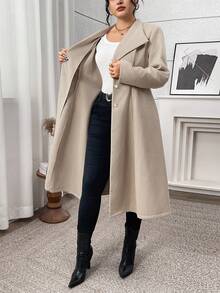 Modelyn Plus Size Women's Solid Color Lapel Long Sleeve Single-Breasted Casual Jacket, Autumn/Winter - Apricot - View 7