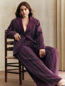 Anewsta Traje de blazer y pantalones a rayas con strass elegante y de talla grande - Morado - Ver 5